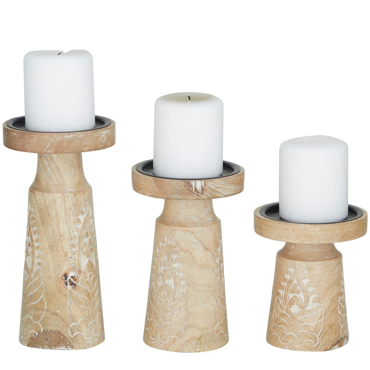 Mango Wood Round Carved Pillar Floral Candle Holder Set
